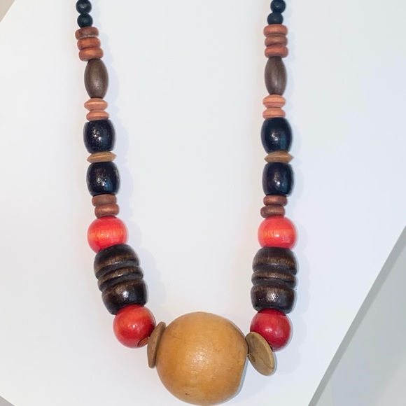 Vintage Brown & Orange Chunky Wood Beaded Statement Necklace BoHo Retro - Picture 4 of 6